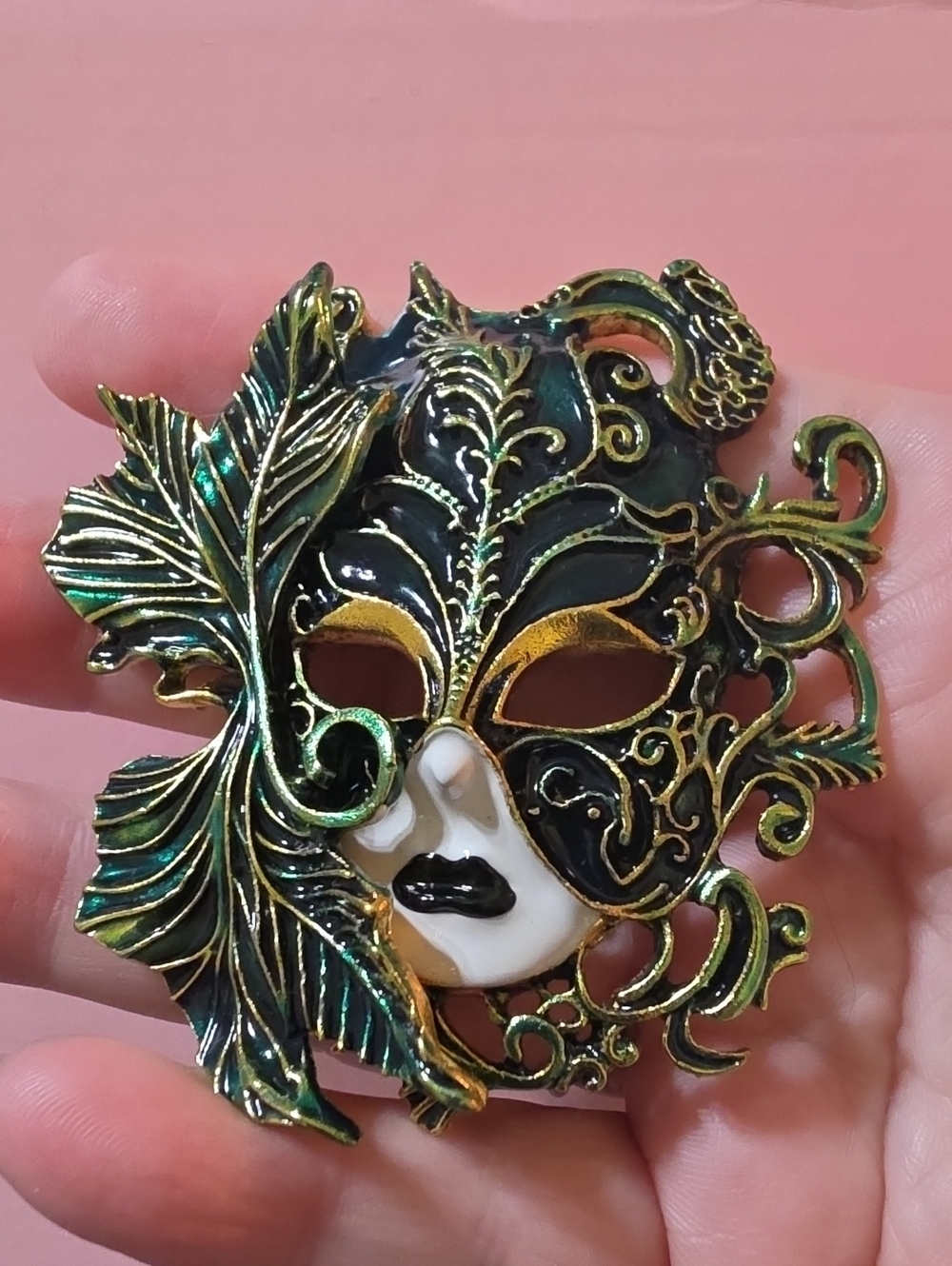 A93- Decorative Green and Gold Venetian Mask Brooch/ Pendant Combo